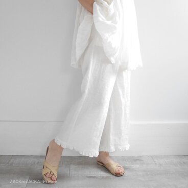 甘織りリネン100%風をまとうようにやわらかくて涼やかフリンジフリル♪レイヤーペチコート大人可愛いホワイトパンツ