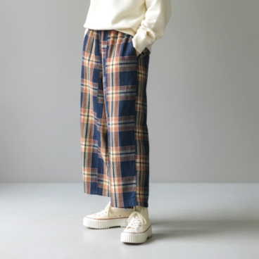 ワイドパンツ【送料込み】古布リメイク　格子　ネイビー