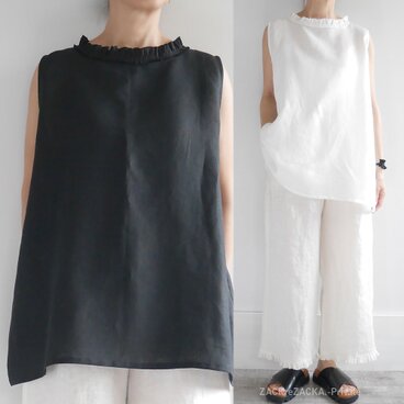 リネン100%軽やかフリンジフリル｜首もとおしゃれに涼しく華やぐ♡夏ブラウス｜ブラック