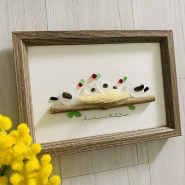 シーグラスアート 海の宝石 シマエナガ 家族  インテリア雑貨 書斎  観葉植物 置物 北欧ガラス細工 贈り物 プレゼント