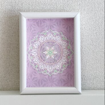 和紙にドットマンダラ　2Lフレーム付き　白　グリーン　ドットマンダラ