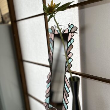 ステンドグラス鏡　波ピンク