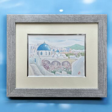 おだやかな休日(ギリシャ、サントリーニ島、水彩画、原画、額付き)