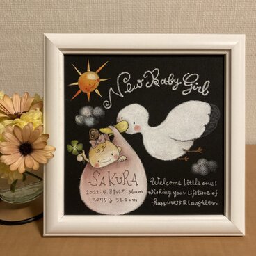 出産祝い、お誕生記念に！/名入れ/ベビーボード/命名ボード/色、文字表記選べます＊女の子【チョークアート 原画・額付き】