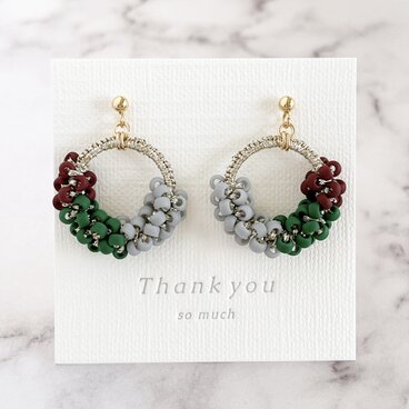 【ラメ糸のトリオカラーズリングピアスorイヤリング＊ブラウン×グリーン×グレー】