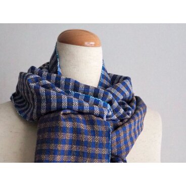 手織りのコットンシルク mini ストール　blue brown -b-