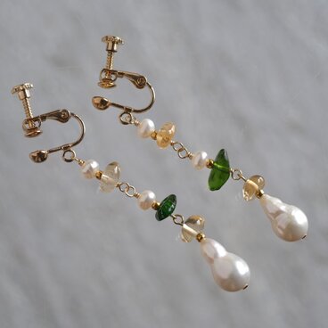 Ýmsar ferskvatnsperlur earring　淡水真珠　天然石シトリン　クロムダイオプサイド　ピアス・イヤリング