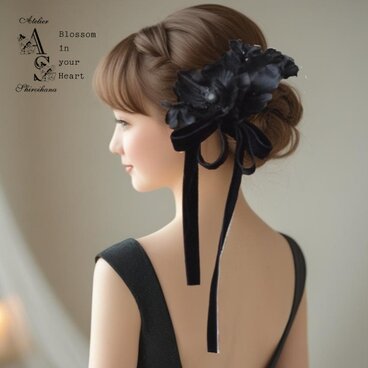 ⋆3点set⋆ ブラックポピー・あじさいヘッドドレス《太ベルベットリボン》ワイヤー入りピック