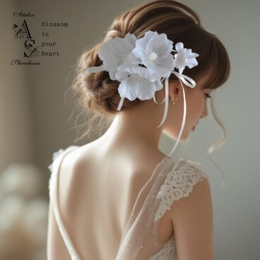 ⋆3点set⋆ ホワイトポピー・あじさいヘッドドレス《細ベルベットリボン》ワイヤー入りピック