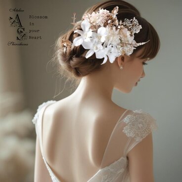 ピュアホワイト：デンファレ(蘭)・あじさいヘッドドレス《ワイヤー入りピック》