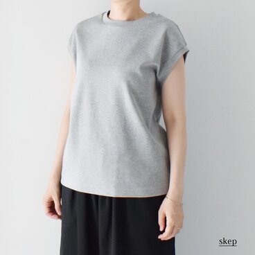 ポンチ素材のフレンチスリーブカットソー（コットン100％）：グレー［TO43NSGY］