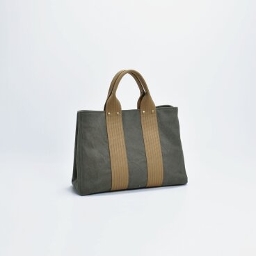 【受注製作】A4ヴィンテージ帆布トート（カーキ×薄茶）