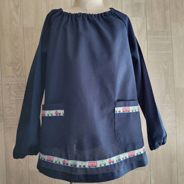 【80～160】車 リボンライン ネイビー 長袖スモック 着丈延長可 スモッグ