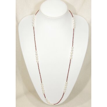 本真珠（淡水パール）とロードライトガーネットのロングネックレス（マグネット、誕生石、天然石、ナチュラルカラー）