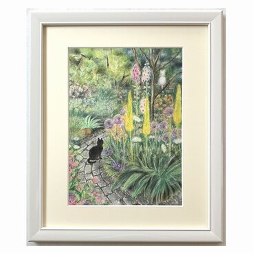 猫のいる庭（パステル画　原画）４号