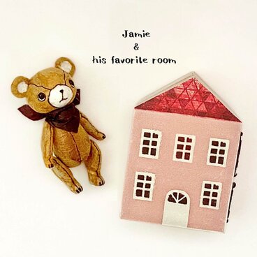 身長５cmのミニチュアテディベア／キャメル(和紙で作った小さなくまのお人形)＆夢のドールハウスセット