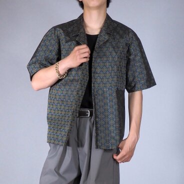 iichi価格★着物リメイク メンズシルクシャツL オーバーサイズ 村山大島紬　正絹着物リメイクシャツ オープンカラー