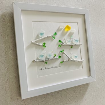シーグラスアート 海の宝石 小鳥の家族 風景画 インテリア雑貨 観葉植物 北欧ガラス細工 贈り物 誕生日プレゼントの