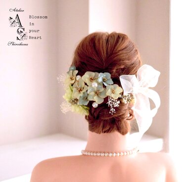 ⋆7点set⋆ とろける練乳色&淡エメラルドグリーン：トルコ桔梗ヘッドドレス《アメリカンフラワー》金色水引オプション無料