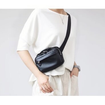 【柔らかいヌメ革】2層ファスナーで仕分け上手 牛革のミニボックスバッグ｜ショルダー・斜めがけ対応