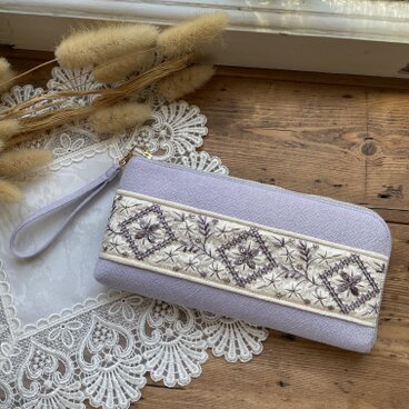 インド刺繍リボン使用のL字ファスナー長財布(ライトパープル)