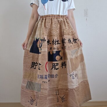 着物リメイク　ハンドメイド　手ぬぐい　柿渋染め　パッチワーク　スカート