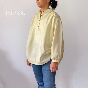 リネンコットン長袖シャツ サイドギャザー付き薄手ブラウス・レモンイエロー