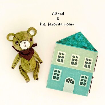 身長5cmのミニチュアテディベア／オリーブグリーン(和紙で作った小さなくまのお人形)＆夢のドールハウスセット