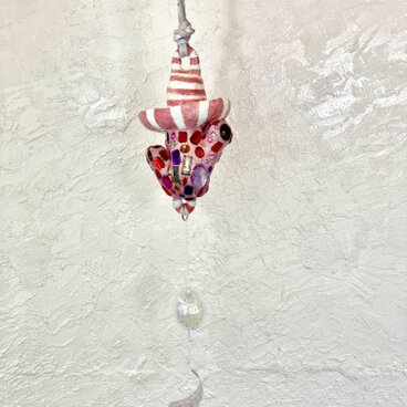 ミニサイズ　風鈴付き　サボテン形ピンク　樹脂タイル付き　オブジェ　手作り　セメント　