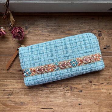 インド刺繍リボン長財布(ブルー系ツイード×オレンジリボン)