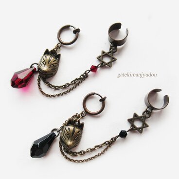 狐面×六芒星フープイヤリング&イヤーカフ/赤or黒【ピアス等パーツ変更可】