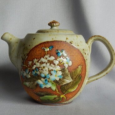 釉描彩額紫陽花図手付き急須