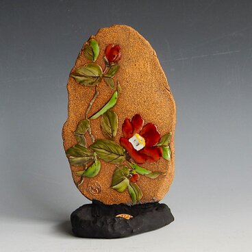 釉描彩椿図香立て