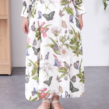 リネン ボタニカル＆バタフライ フレアスカート