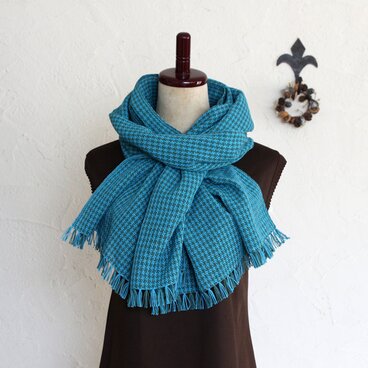 コットン100％チクチクしない手織りストール【ターコイズブルーxフカミドリの千鳥格子柄】