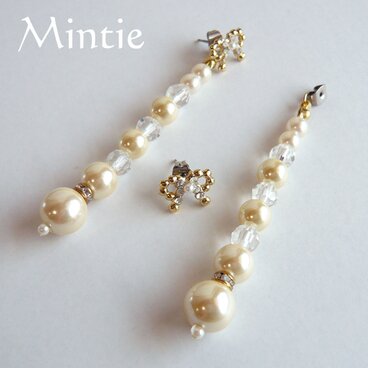 ２wayピアス　オリジナルリボンとパール＆クリスタル(ゴールド)