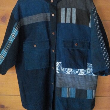 藍染め　古布　絣　縞　パッチワーク　シャツ　ジャケット