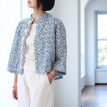 ブロックプリントコットンゆったりスリーブシャツ【ブルー】