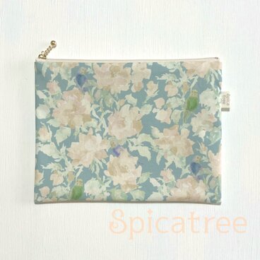 オリジナル柄布ポーチ「薔薇とセキセイインコ　ベージュ×渋ミント」