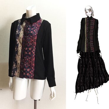 【1点もの・デザイン画付き】薄ちりめん＆綿麻柄生地切り替えブラウス（KOJI TOYODA）