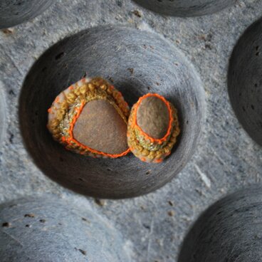 石を包みこんだ左右非対称なピアス　蛍光オレンジ