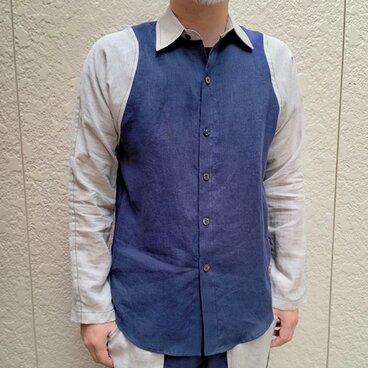 長袖麻シャツ（ナス紺×生成り）