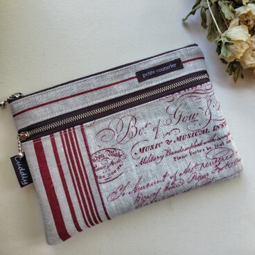 生地を楽しむダブルファスナーのポーチ（フランスリネン２種類使用）