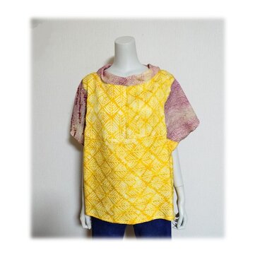 114　1点物　2種類の総絞り着物　プルオーバー　ブラウス　　ベスト　３シーズン　ツイスト衿　リラックスのコピー