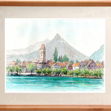 水彩画原画　夏のインターラーケン旧市街・スイス　＃694