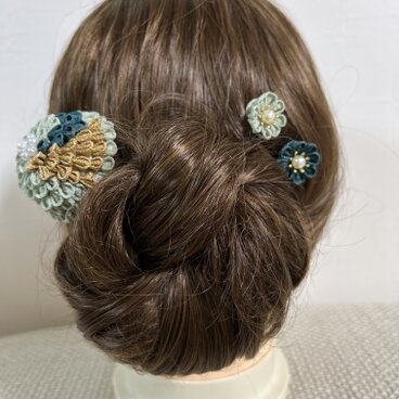 深緑と金のつまみかんざし4点セット / Deep Green & Gold Kanzashi Set (4 pcs)