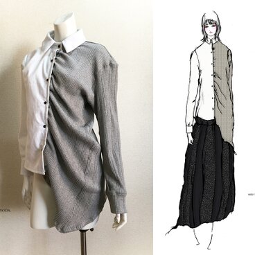 【1点もの・デザイン画付き】2種素材シャーリングアシメトリーブラウス（KOJI TOYODA）