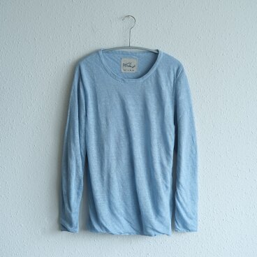 リネンニット women/L 二重長袖プルオーバー（アクアブルー）