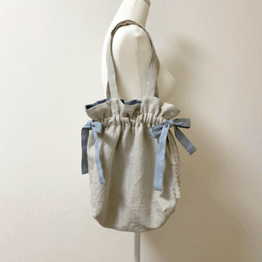 リネン生地の巾着風トートバッグ＊生成り＋サックスブルー＊