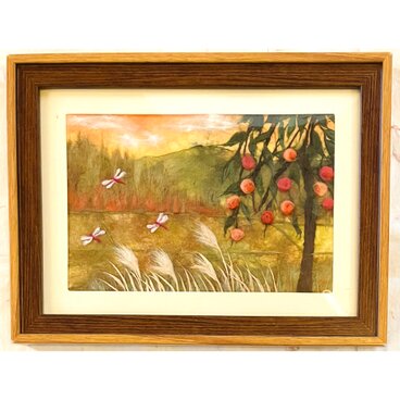 秋の里山と柿の木｜秋の風景｜和紙ちぎり絵 原画